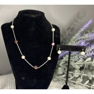 Vintage 1990s Faux Pearl and Pink Bead Costume Jewelry Necklace and Earring Set